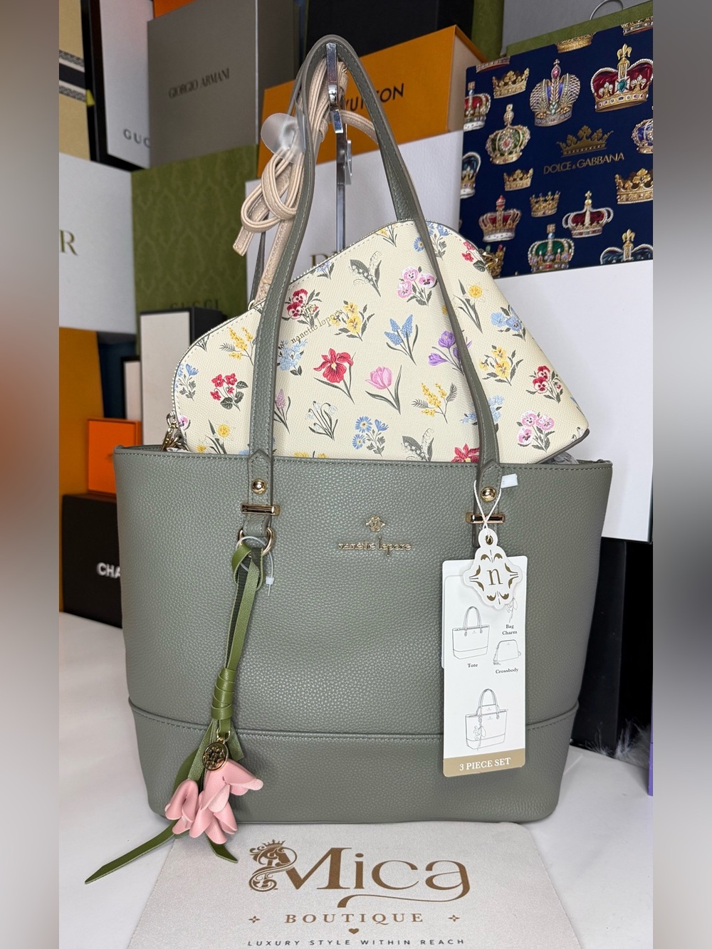 🆕NANETTE LEPORE Gillian Dusky Pine Boho Garden tote w/accents ~SetOf3~